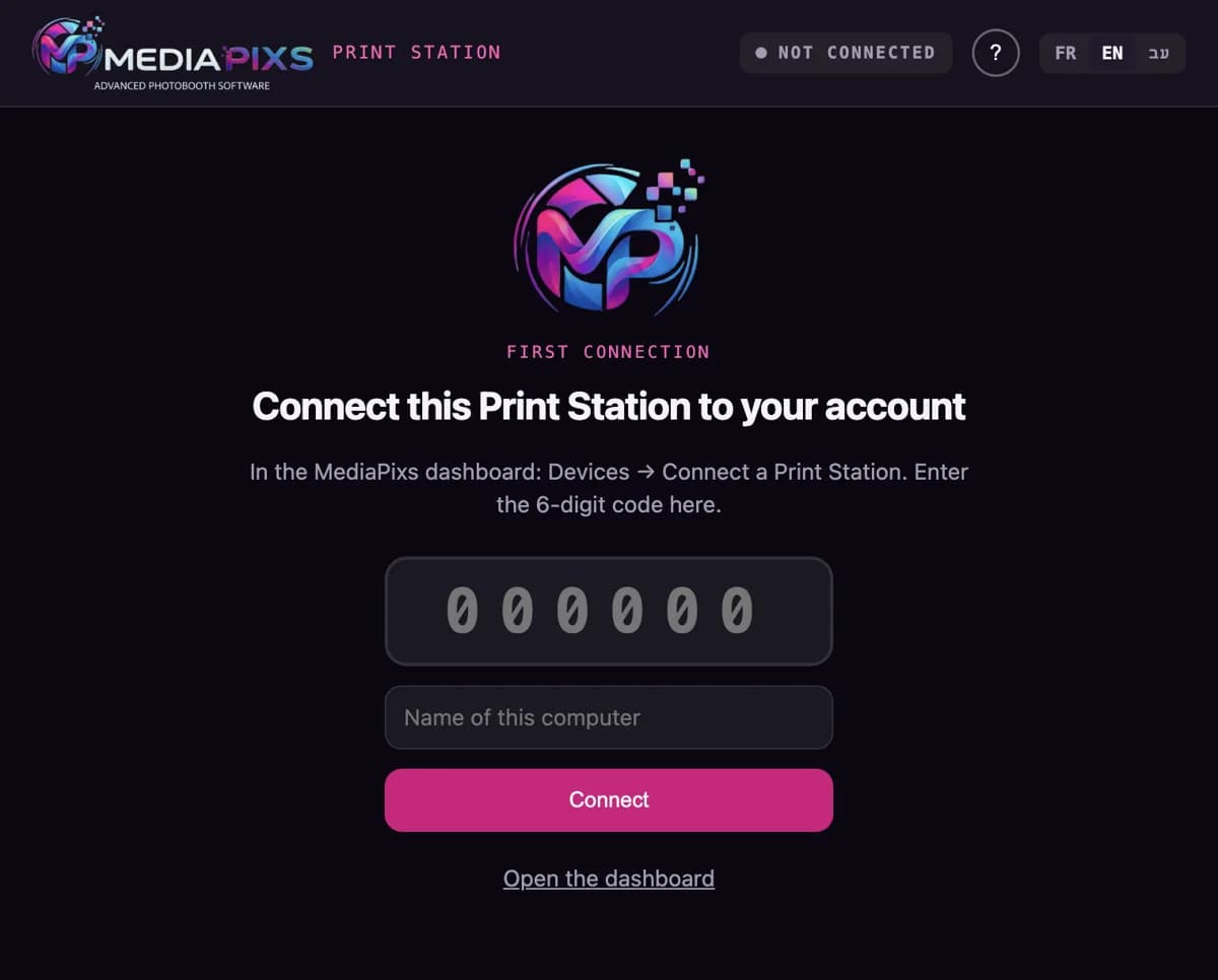 Print Station connection screen, with the 6-digit code field